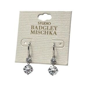 Studio Badgley Mischka Clear Crystal Double Drop Dangle Earrings Silver Tone